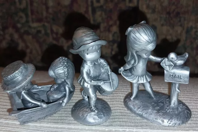 Hallmark Little Gallery Lot of 3 Pewter Miniature Figurine Boy Girl Boat Drummer