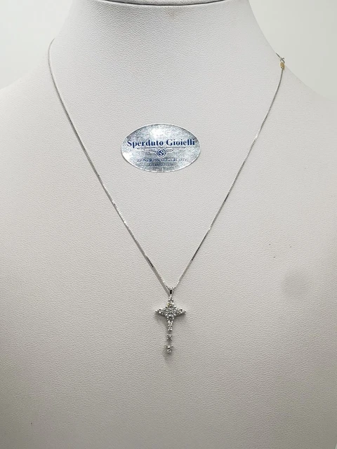 Collier Femme Recarlo Or Blanc 18K Avec Croix Et Diamants - Longueur Réglable 39-45 Cm