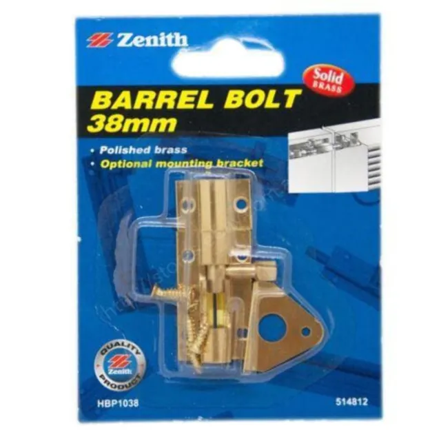 Zenith Barrel Bolt 38mm Solid Brass Polished Brass HBP1038