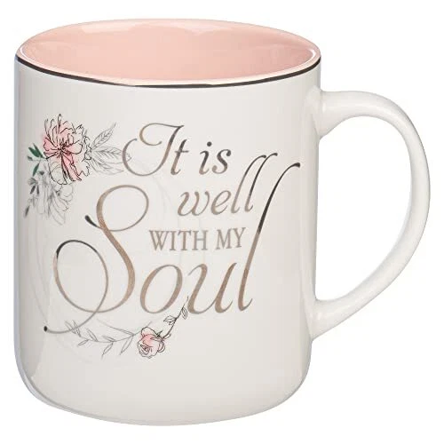 Light Floral Pink and White, 14 oz. Ceramic Coffee Mug for Women: It is Well