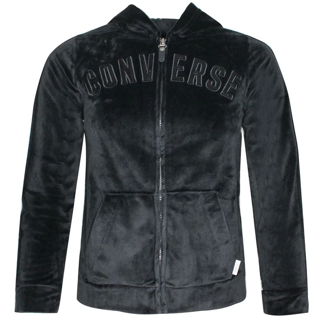 Converse Junior Girls Velour Hoodie Full Zip Sweatshirt Black 466838 023