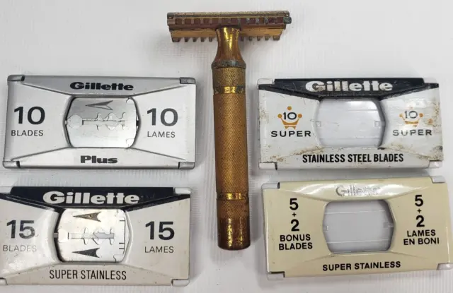 Vintage Brass Gillette Safety Razor Plus Blade Cartridges Partial, Empty