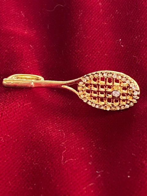 Tennis Racquet With Rhinestone Necklace Charm Gold Tone 1.5"