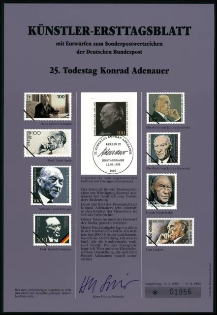 Brd Künstler-Etb 1992/11 1601 Konrad Adenauer Bundeskanzler Entwürfe!!