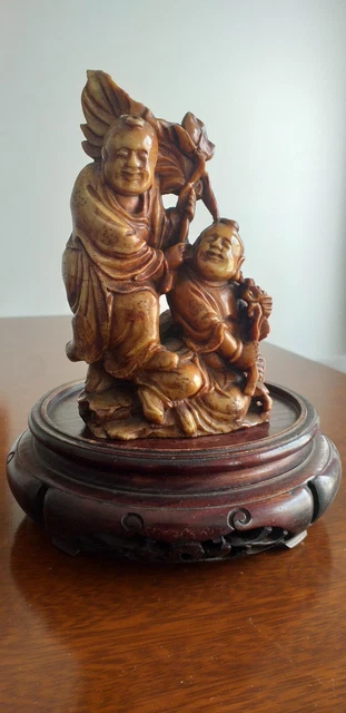 Antique  chinese stone  old man Boy statue 3