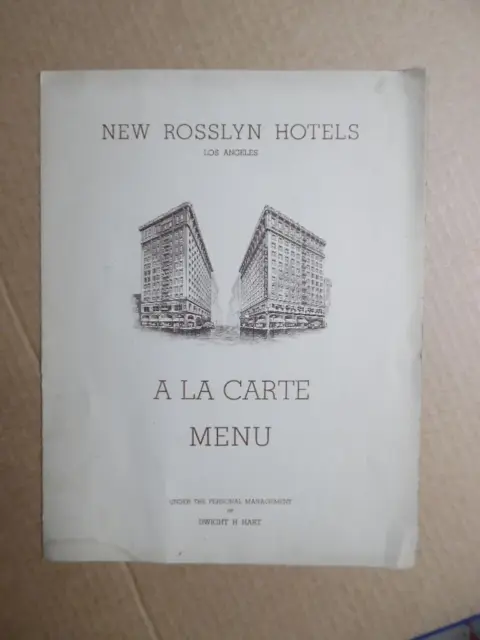 c.1920s New Rosslyn Hotels Hotel Menu Los Angeles California Vintage Original