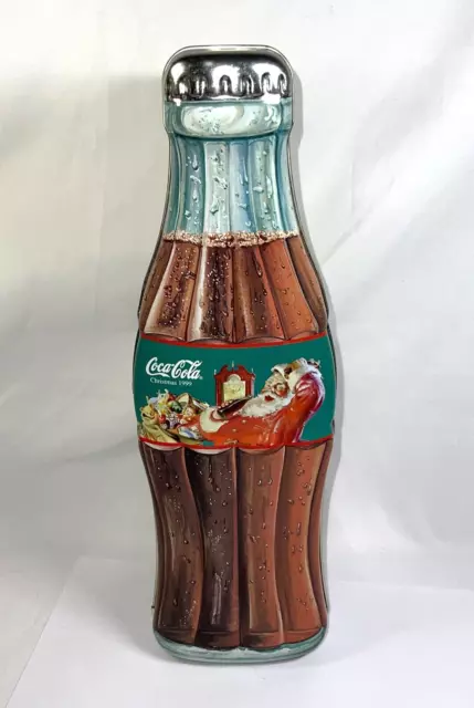 Vintage Coca Cola Bottle Shaped Christmas Tin from 1999 Hinged Lid 13”
