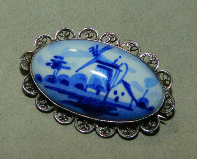 Boucles D'oreilles Anciennes Argent Sterling Delft - Motif Hollandais Moulin - Occasion Vintage