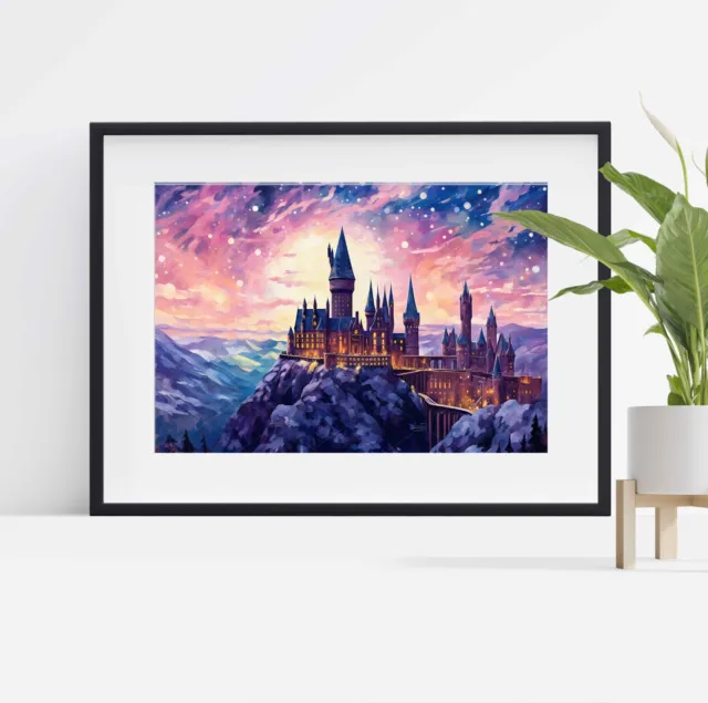 Stampa poster di Harry Potter Hogwarts di notte illustrazione arte tela allungata