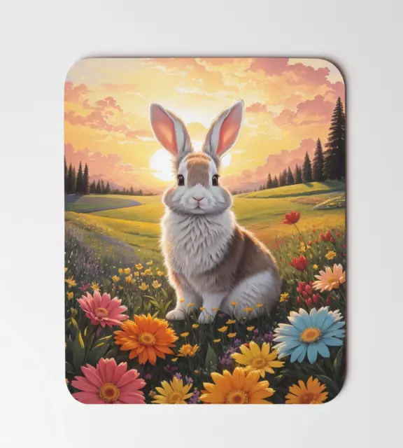 Cute Bunny & Flowers Mouse Pad 9.5"x8" Non Slip Rubber Bottom Rectangle Mousepad