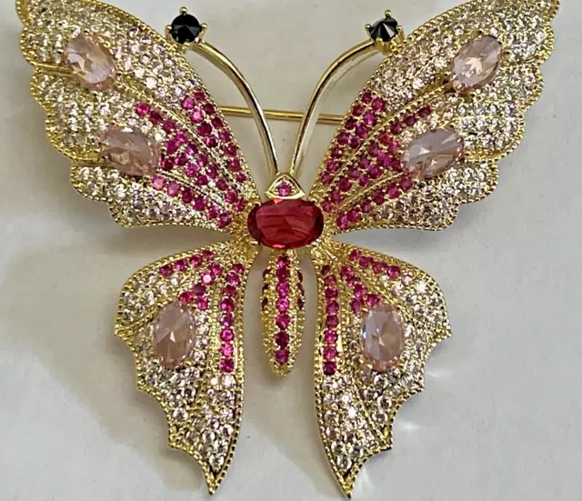 Pink Butterfly Insect Bug Crystal Glass Rhinestone Brooch Pin Vintage Gold Tone