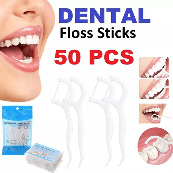 50pcs Dental Floss Stick Flossing String Tooth Picks Flossers Teeth Plaque Oral