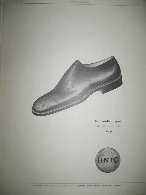 Publicite De Presse Unic Chaussure Un Soulier Sport French Ad 1924