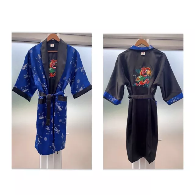 WOMENS KIMONO ROBE THAI SILK Blue Reversible Embroidered Brand New Size Medium 29.99 PicClick UK