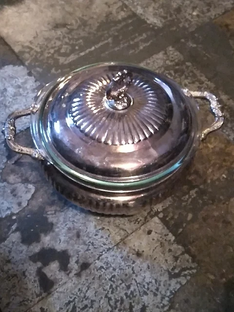 vintage silver bowl with handles and top,
