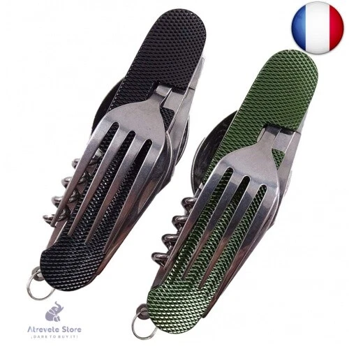 Kit Couverts Camping Pliables 6-en-1 Hidewalker - Acier Inoxydable - Noir/vert