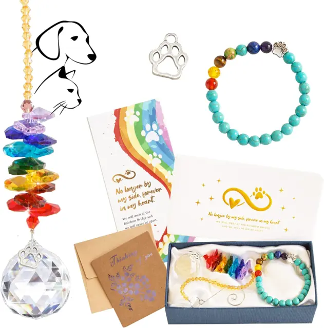 Dog/Cat Rainbow Bridge Memorial Gift Set - Wind Chime, Bracelet, Sympathy Card