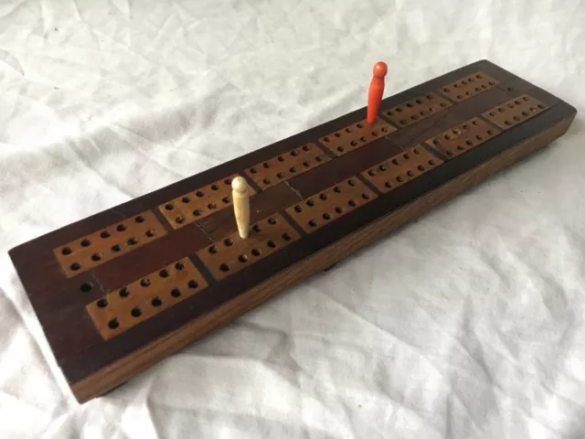 Vintage Hand Made Wooden Cribbage Board Pub Game Inlaid Coloured Wood
