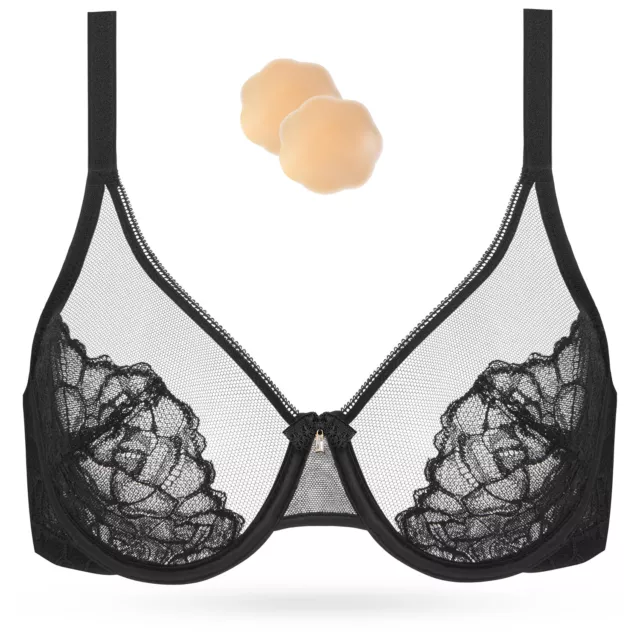 Womens Sexy Sheer Lace Bra Mesh See Through Bras Floral Cups With A Pair Pads