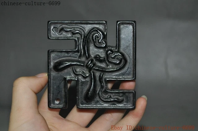 3" China meteorite iron Carved exorcism ward off evil spirits swastika pendant