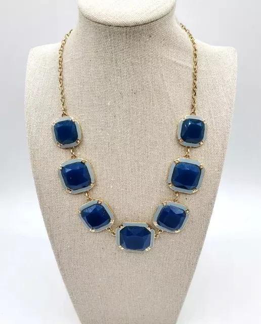 Signed Charming Charlie Statement Necklace Faceted Blue Beads Gold Toned 18"