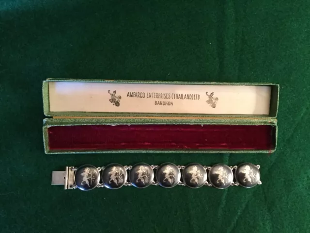 925 Sterling Silver Vintage Siam Amfarco Niello Thai Motif Link Bracelet 7”