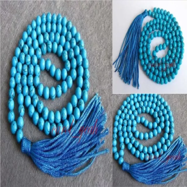 6mm Turquoise Gemstone Mala Bracelet 108 Beads Tassel Bangle Bohemian