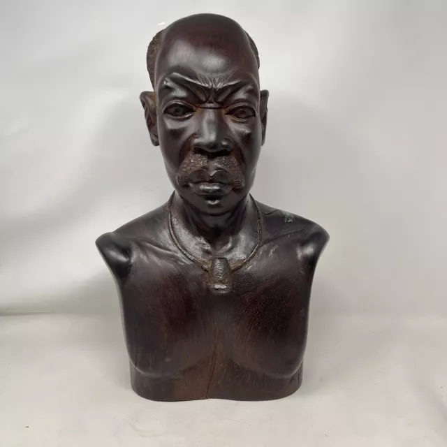African Bust Statue Ebony Wenge Ironwood Wood Man Warrior Hand Carved VTG 17.5"