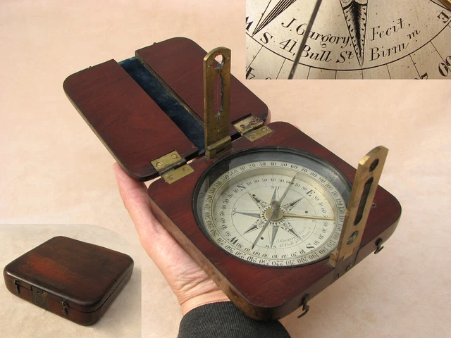 J Gargory mid 19th century surveyors compass signed J Gargory Fecit, Birmingham