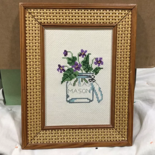 Completed Framed Cross Stitch Mason Jar With Violets