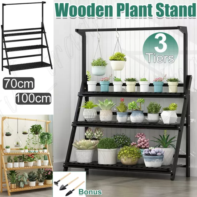 3-Tier 100CM Folding Wooden Hanging Pot Plant Stand Flower Shelf Storage Rack AU