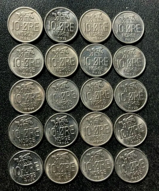 Vintage Norway Coin Lot - 10 ORE - BEE SERIES - 20 Uncommon Coins - Lot #S22