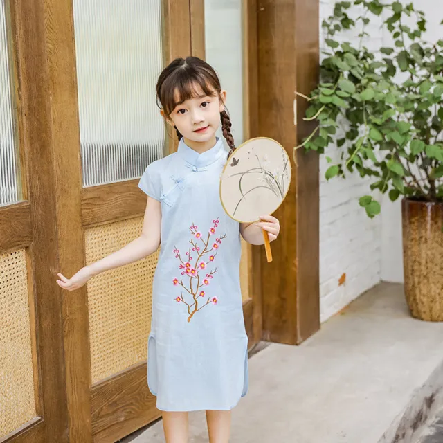 Chinese Childrens Girls Baby Blue Cherry Blossom Qipao Cheongsam Dress gcd20