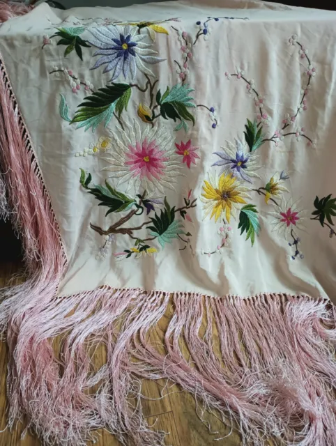 Piano Scarf Silk Shawl Pink Embroidered floral 60x60 vtg 13" fringe Spanish READ