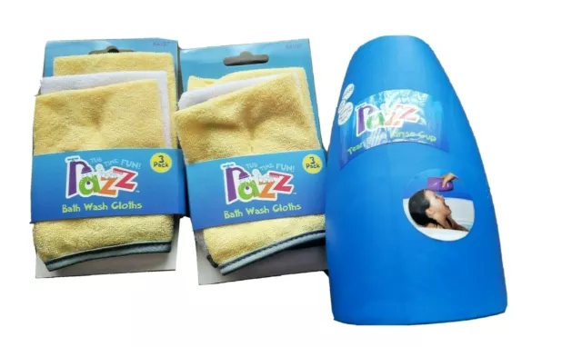 2x 3 Pack Yellow White Baby Bath Wash Cloths  1 Rinse Cup Razz Tub Time Fun Set