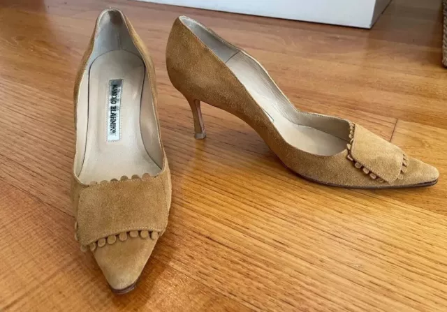 $745+ Manolo Blahnik Heel Pump Bottopla Suede Camel Beige 35.5