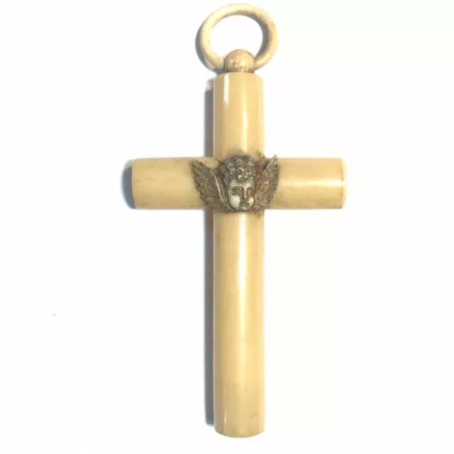 XIXe Superbe Croix De Berceau Avec Ange Protecteur En Galalithe