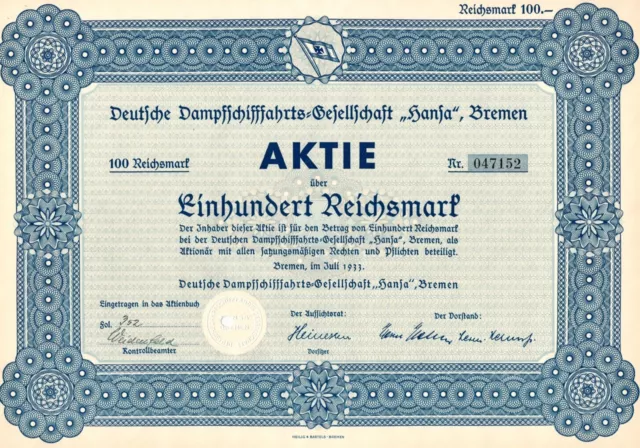 Deutsche Dampfschifffahrts-Gesellschaft HANSA Bremen - 1933 - Aktie 100 RM -