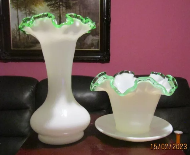 Milk Glass Vase & Matching Plant Pot Holder - Possibly Fenton Green Crest