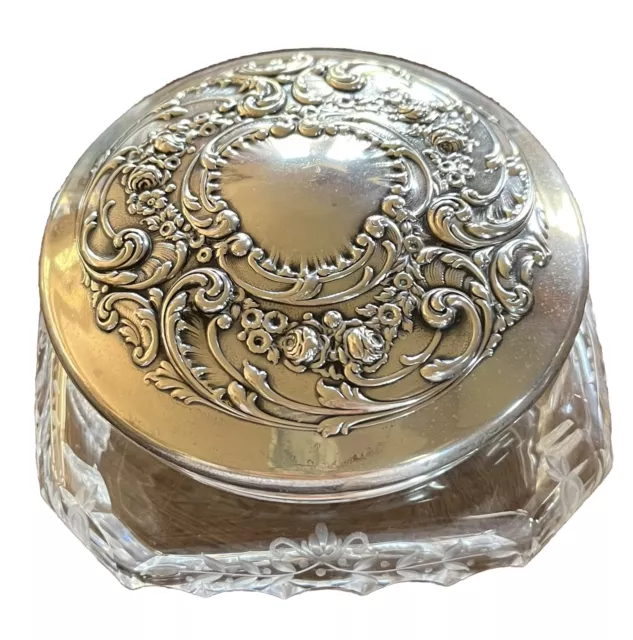 Antique 1900 GORHAM Sterling Silver Cut Etched Crystal Vanity Square Powder Jar