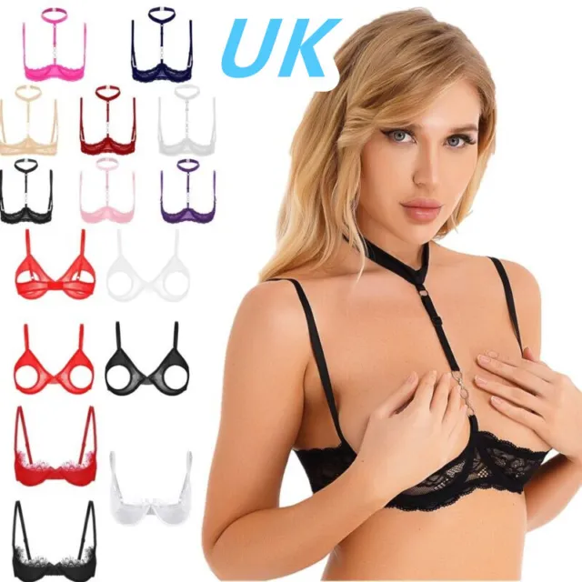 Women Sexy Cupless Bra Floral Lace Nipples Open Cup Underwear