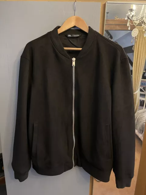 ZARA Man faux suede black bomber jacket size  XL current season lightly worn