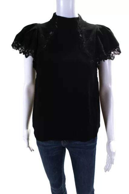 Rebecca Taylor Women's Lace Trim Short Sleeve High Neck Blouse Black Size 6