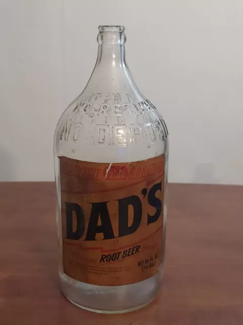 Old DAD'S ROOT BEER Advertising Glass 1/2 GALLON No Deposit Bottle PAPER LABEL