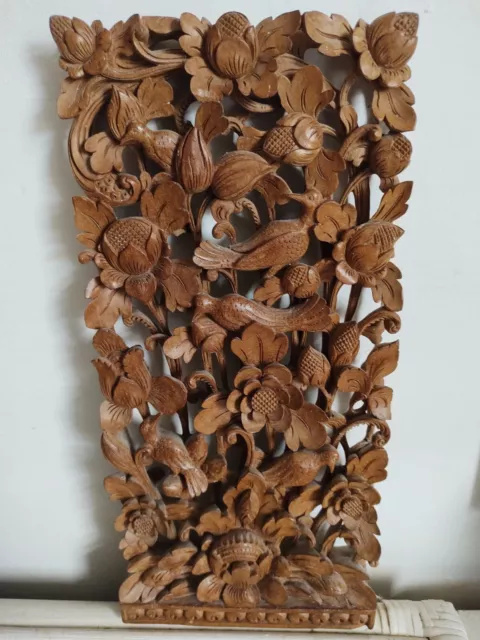 Hand Carved Wood Wall Hanging Birds  And Flowers