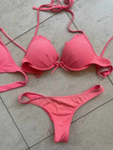 Victoria's Secret Pink Swim BOMBSHELL Add-2-Cups BIKINI 32C XS Neon Coral SET