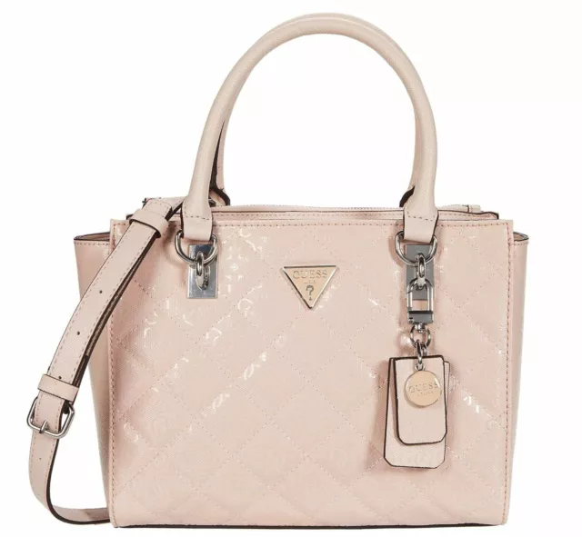 NEW GUESS Women's Pink Glossy Patent Quilted Satchel Crossbody Handbag Purse