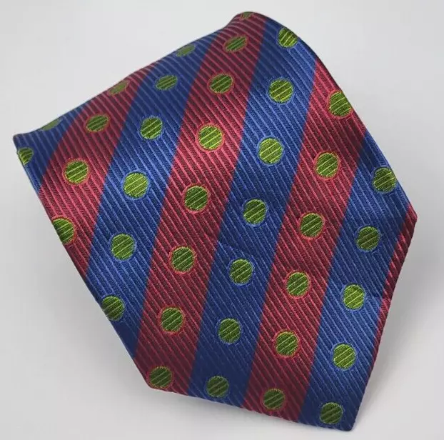 Camilla Smith Silk Tie Red Blue Stripes Green Dots Men Necktie USA 57.5 x 3.3/8