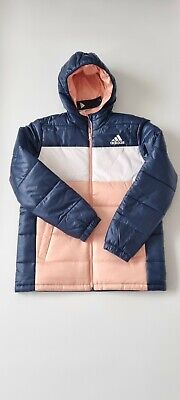 Adidas Girls 13-14 years Padded Hooded Warm Winter Coat Navy Blue Pink  FK5868