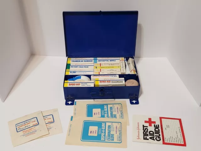 Rare-Vtg Johnson & Johnson J Kit 1979 First Aid Metal Blue Wall Mount *Complete